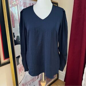 Cabi Timeless Blouse Navy Blue Puff Sleeve Button Down Size L Career Top